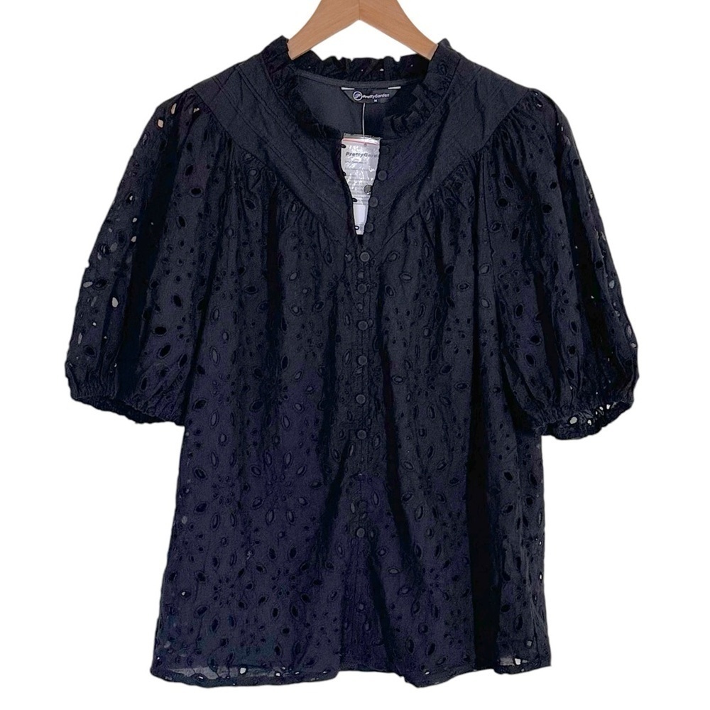 Pretty Garden Eyelet Short Lantern Puffy Sleeve  Blouse Black Size XL - Picture 2 of 7